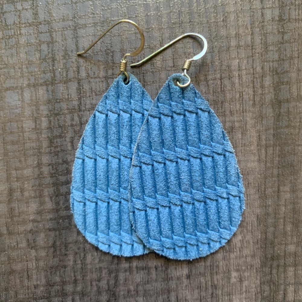 Nickel and Suede Blue Leather Teardrop Earrings